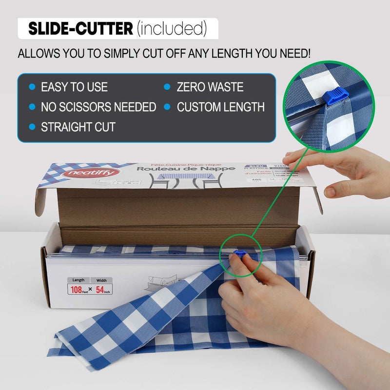 Neatiffy Disposable Plastic Table Cloth Roll | 54 in x 108 Ft Waterproof Tablecloth | Table Cover for Rectangle, Square, Round Oval Tables | Picnic, Party, Banquet, Birthdays, Weddings - Blue Gingham - Image 3